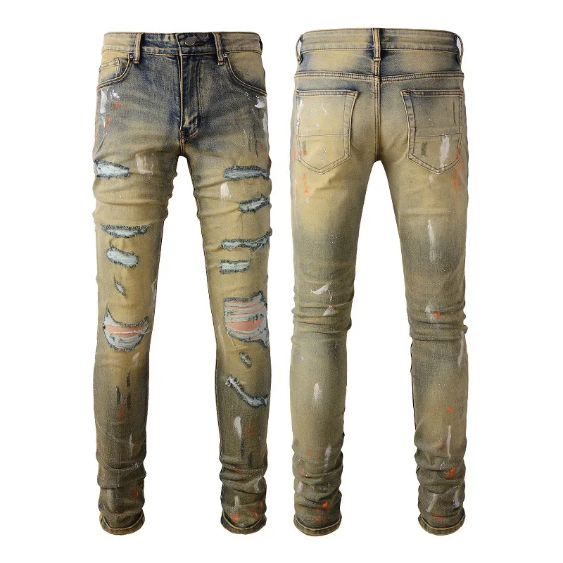 

Four Seasons Men's Splashed Ink Trendy Light Blue Jeans Pencil Pants Casual Elastic Hole Skinny Denim Trousers Male Streetwear