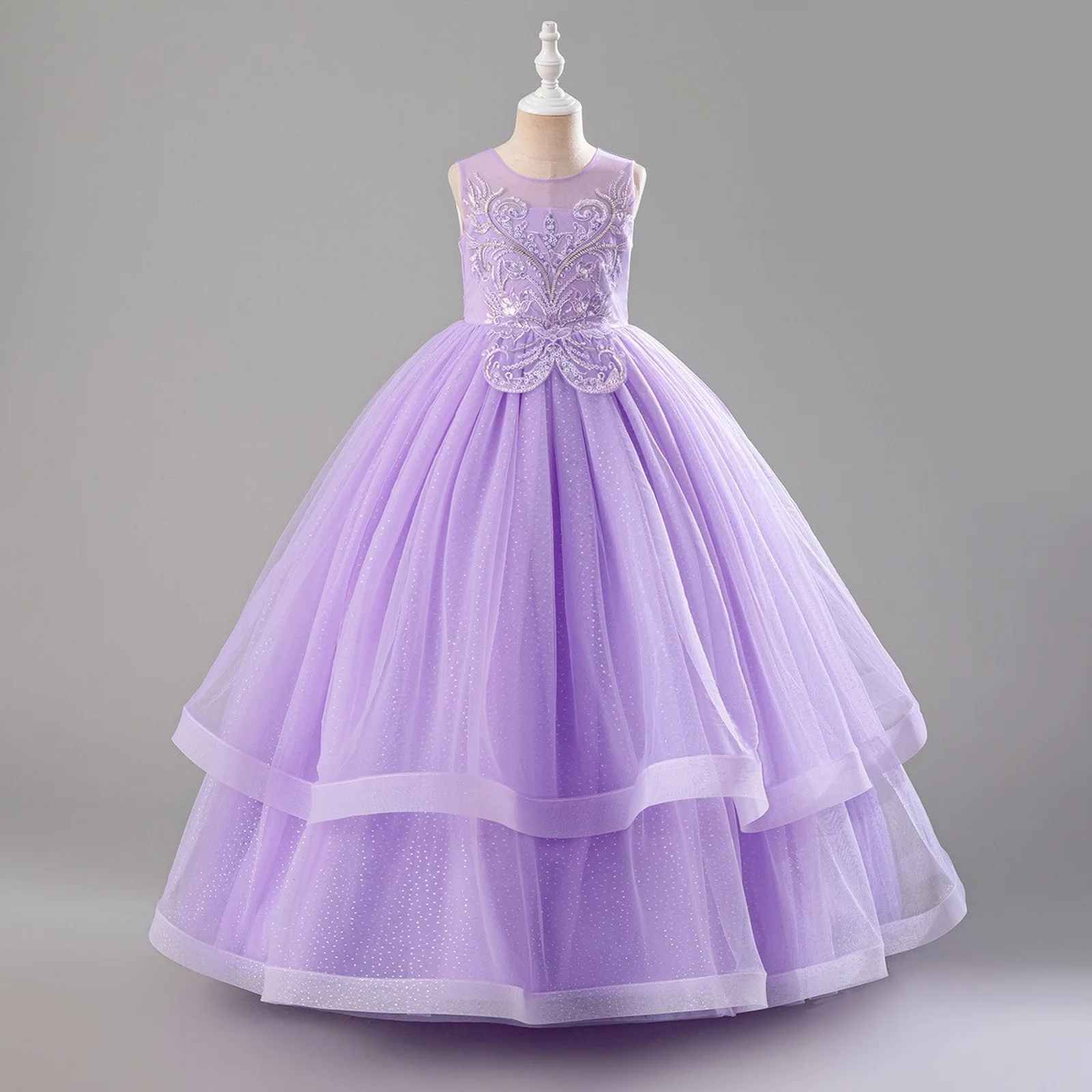 

Lilac Flower Girl Dress Tulle Sleeveless With Bow Floor Length For Wedding Birthday Beaded Appliques Tiered Birthday Dress