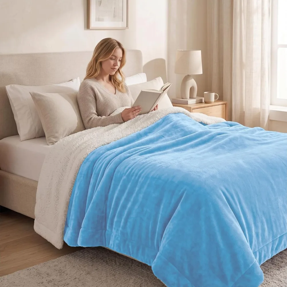 9 Pack Bulk Queen Sherpa Blankets 90x90 Light Blue Soft Warm Bed Throw
