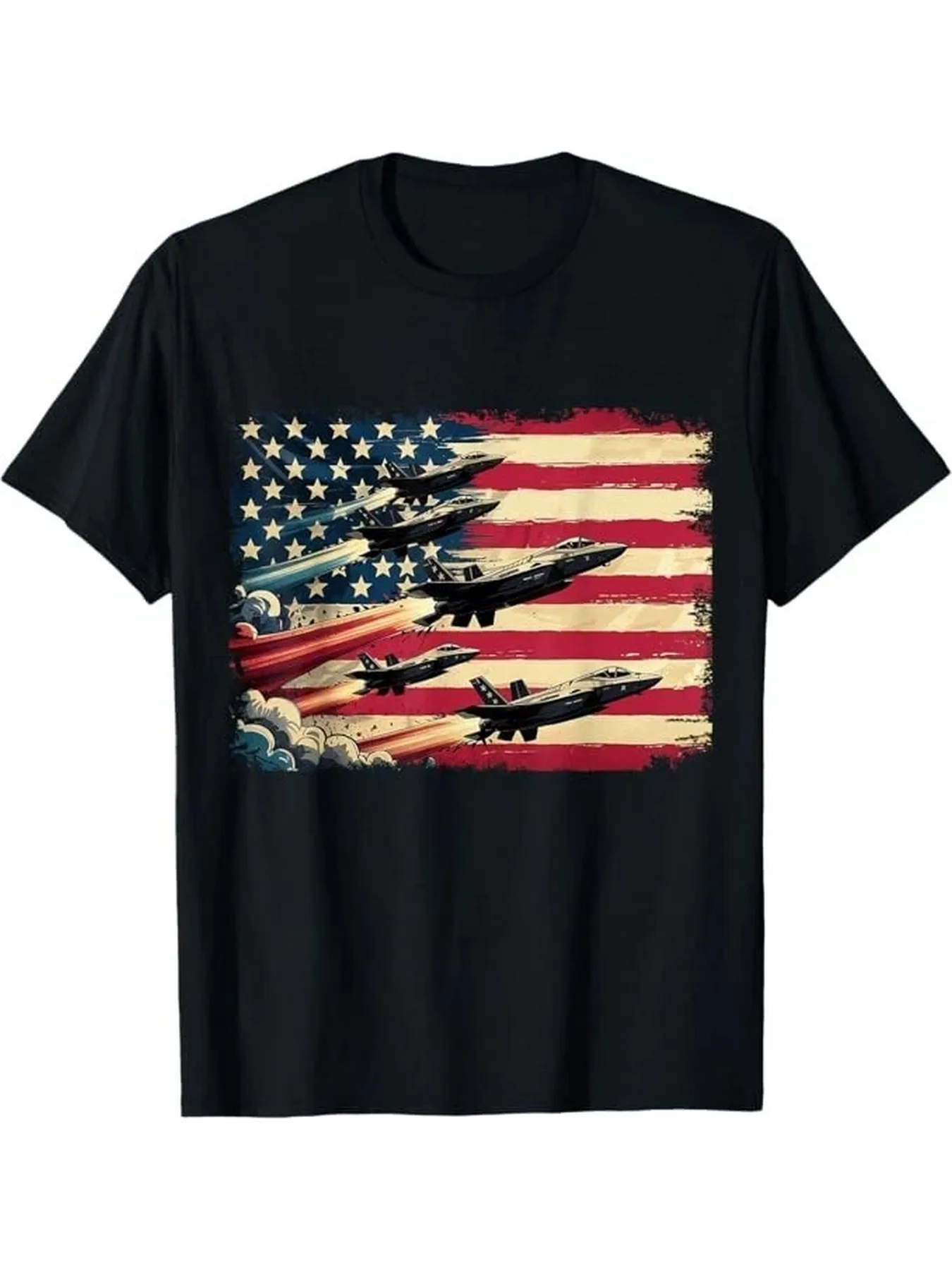 

Vintage American Flag Fighter Jets 4th of July Patriotic T-Shirt 100% Cotton O-Neck Short Sleeve Summer Casual Mens T-shirt
