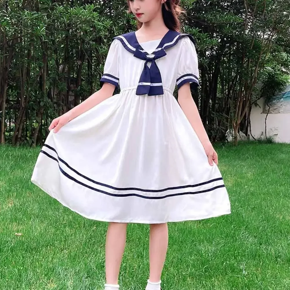 Elegant Bow Girls Preppy Style Dress Teenagers Pleated Summer Dresses Party Beach Vacation Children Princess Dress Students