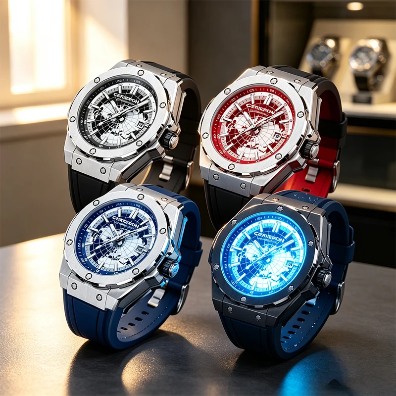 CERIEPON Gift Fully Automatic Mechanical Men's Watch Luminous Fashionable Gift Blue Planet Series Sapphire Crystal Rubber Strap