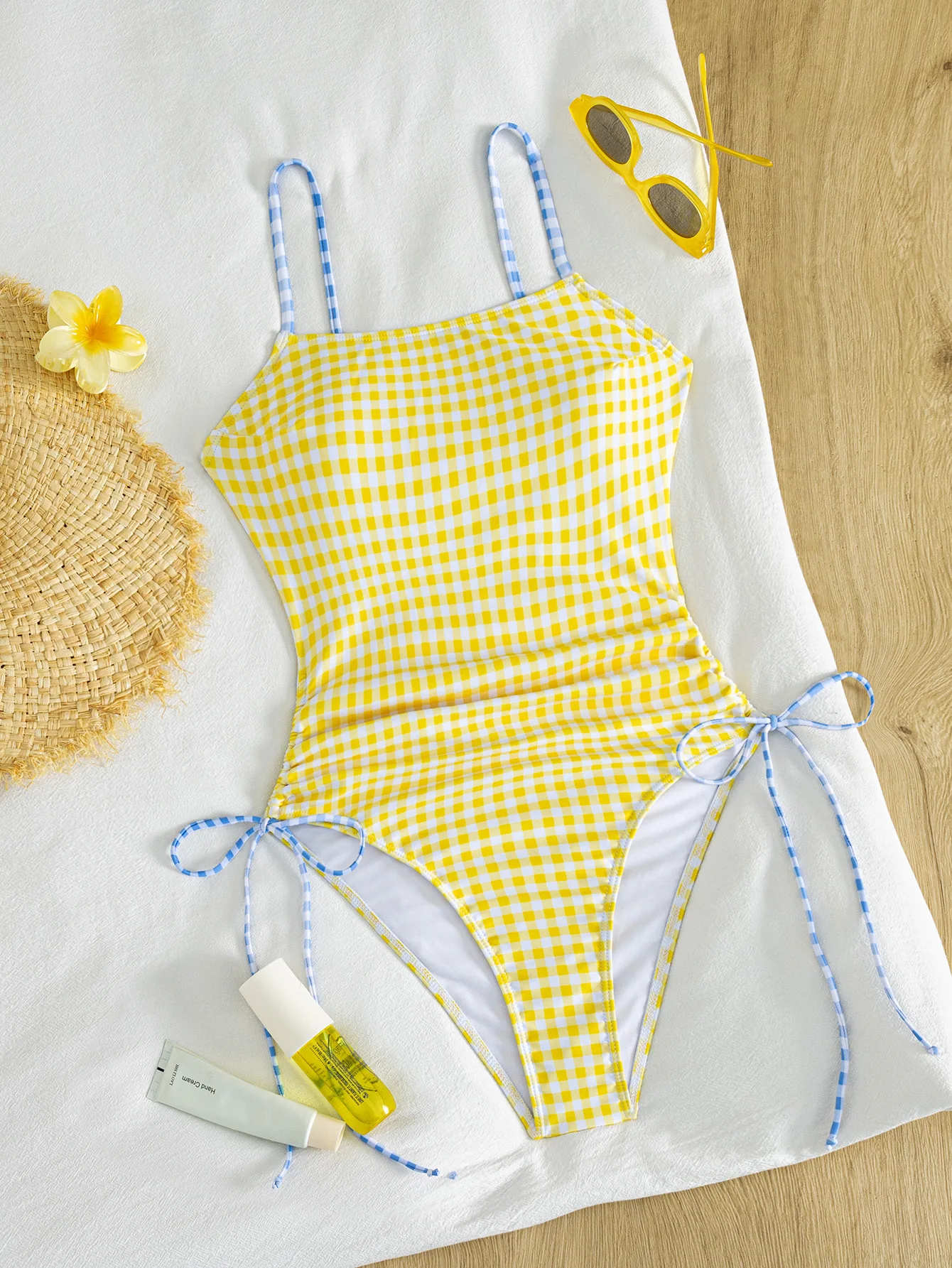 sexy yellow blue plaid patchwork swimsuits one piece bodysuits tie bow swimwear bikinis bathing suit swimwear biquini tankini