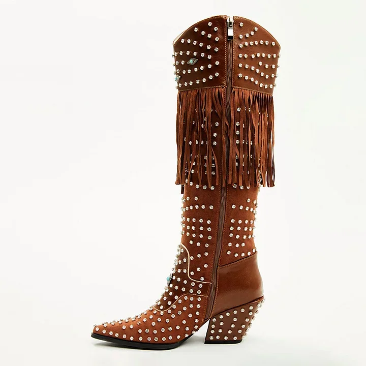 Brown Rhinestone Embellished Chunky Heel Fringe Cowgirl Boots Pointy Toe High Heel Side Zipper Ladies Western Knee High Boot