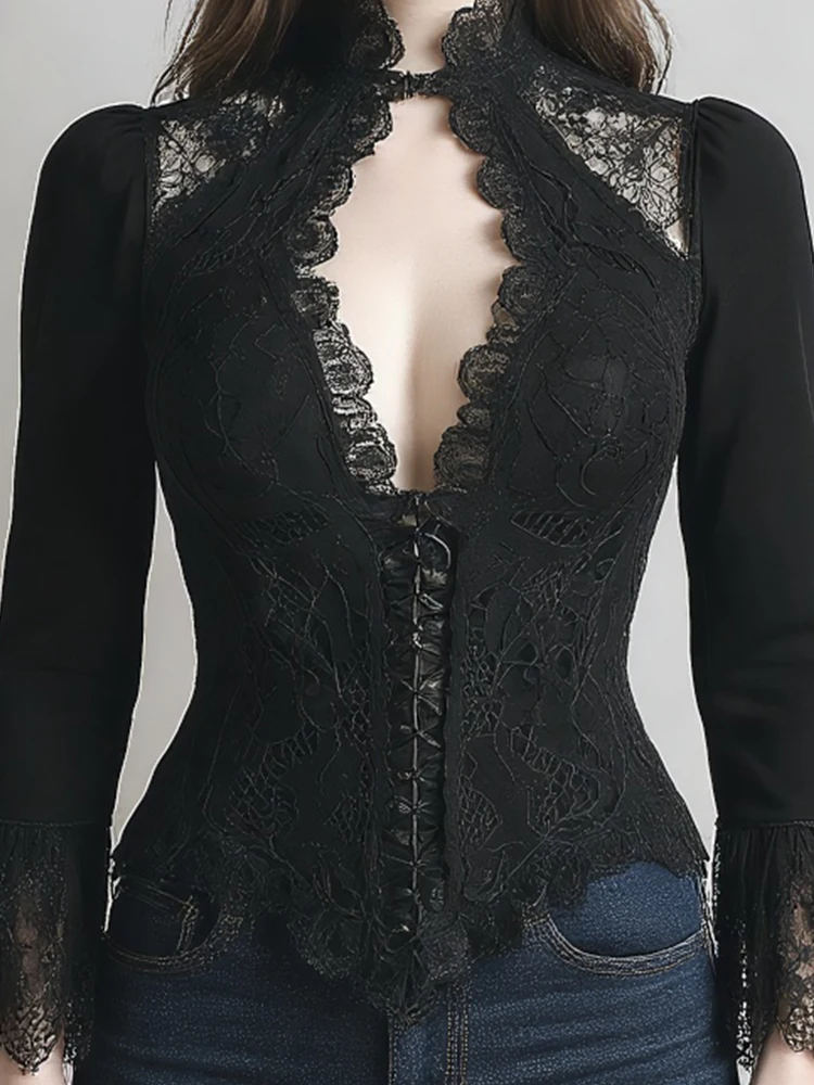 Blusa de encaje para mujer, Tops con cuello levantado, dobladillo asimétrico calado, manga acampanada, Sexy, cuello en V, gótico, Punk, Retro, blusa ajustada, Top 2025