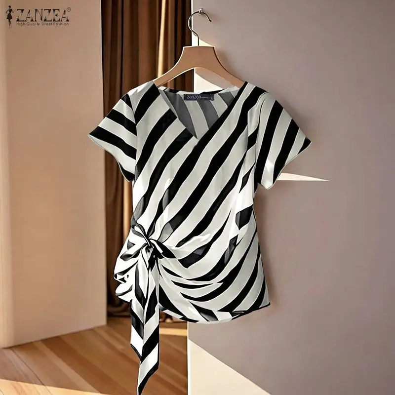 ZANZEA 우아한 여성 섹시한 브이넥 블라우스 반소매 스트라이프 셔츠 여름 밴디지 레이스업 캐주얼 OL 탑 러플 소매 블라우스