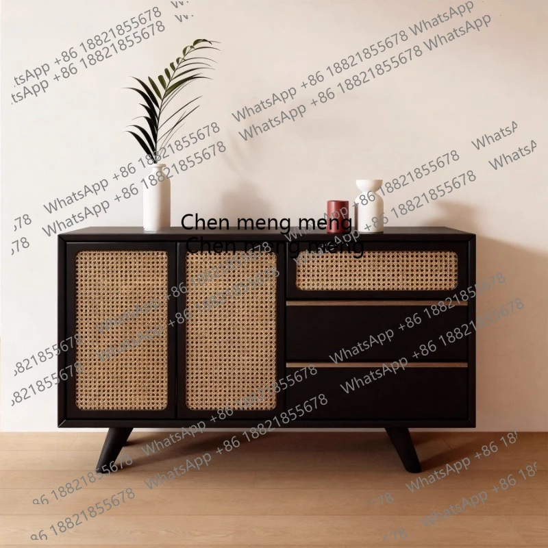 

Sideboard: Old-fashioned Zen rattan solid wood sideboard, home living room against the wall H