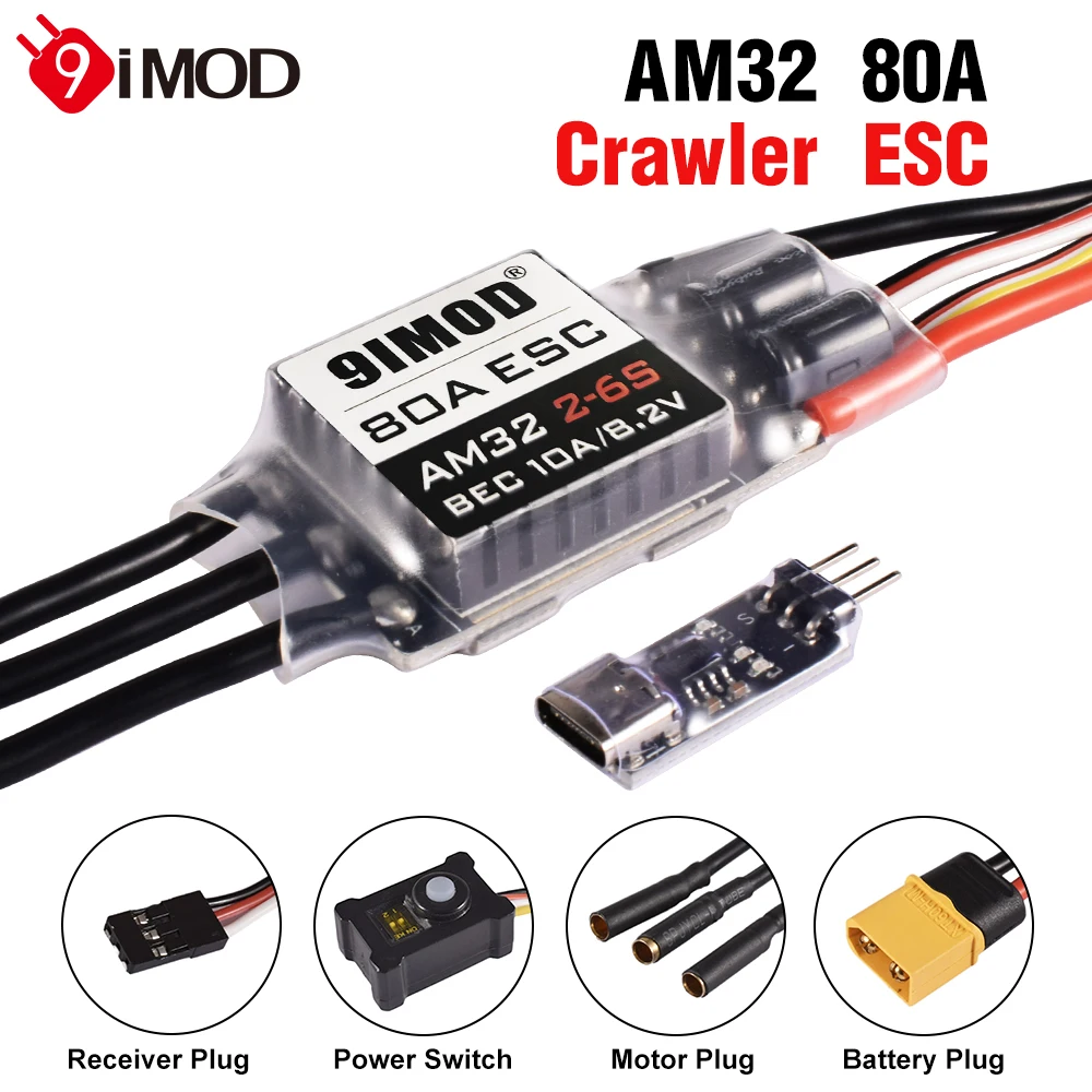 9IMOD RC Crawler ESC 80A Brushless AM32 2-6S BEC 5.2-8.2V Adjustable for 1/8 1/10 Scale Cars Axial SCX10 Traxxas TRX-4 TRX-6