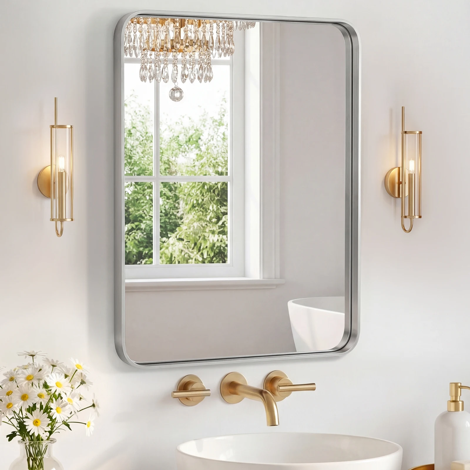 

Bathroom Mirror 15.75X19.69 Inch Black Metal Frame Rectangle Vanity Mirror with Rounded Corners, Modern Wall Mounted Anti-Rust Mirror for Farmhouse, Restroom, Entryway, Horizontal or Vertical Hanging