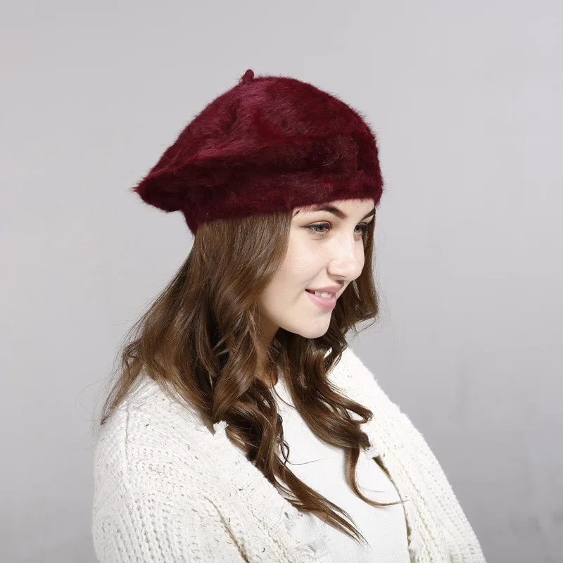 Winter Rabbit Fur Beret Hats Women French Painter Hat Girls Solid Color Soft Berets Lady Fashion Flat Wool Berets Wholesale