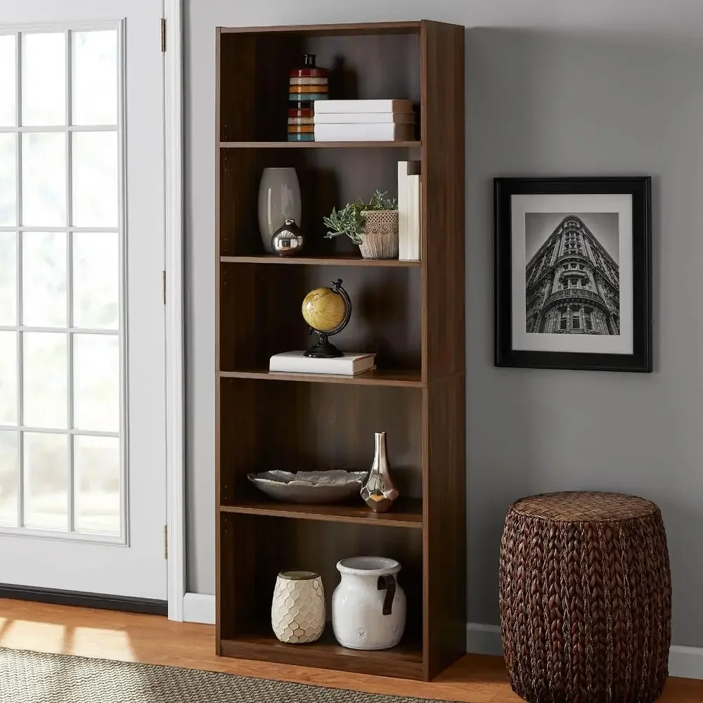 Adjustable 5-Shelf Canyon Walnut Bookcase Sturdy Vertical Storage Solution Functional & Stylish Holds 100 lbs Perfect Office