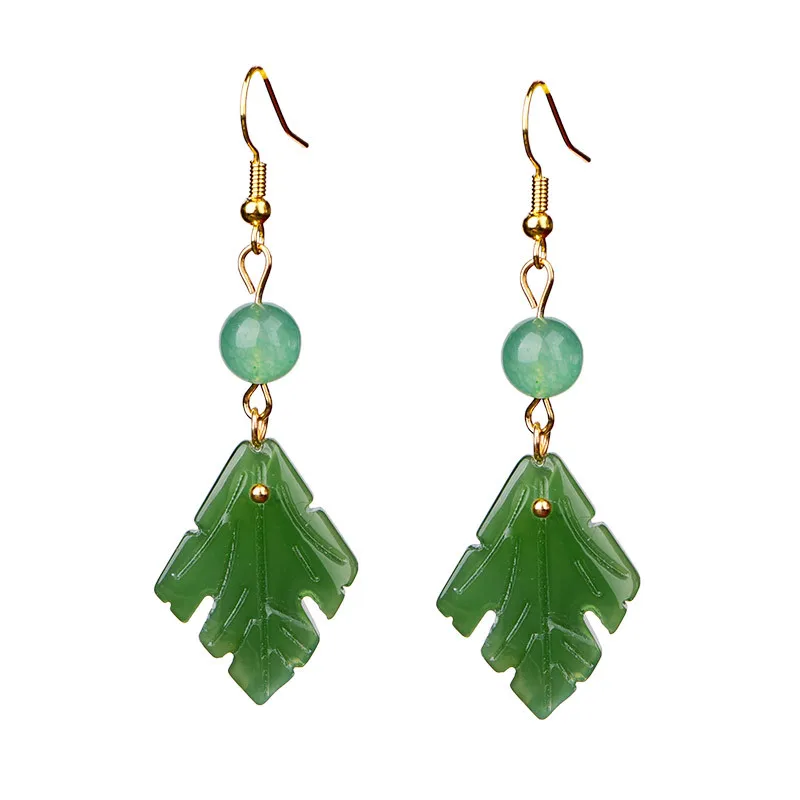 Natural Jade Leaf Earrings Fashion Accessories Luxury Carved Gemstone Designer 18K Gold Plated Stone Amulet Charm Real Jewelry