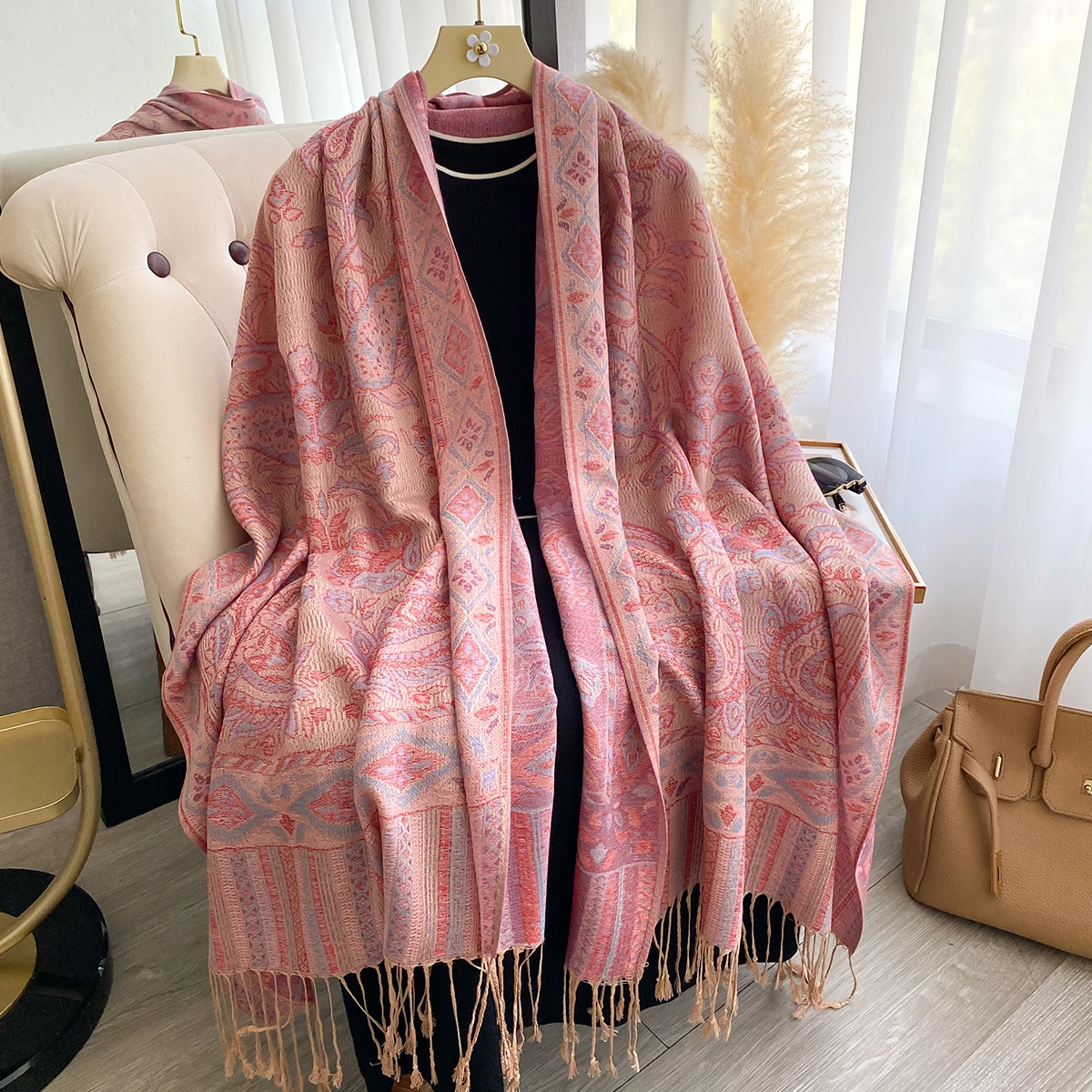 Luxury Women's Cashmere Winter Scarf - Embroidered Printed Shawl with Tassels Chunky Headscarf & Pareo Cape