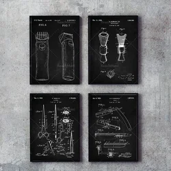 Barber shop patent 4-piece set, fashionable cool gifts, brushes, razors, shaver, scissors, barber shop artwork, patent print dec
