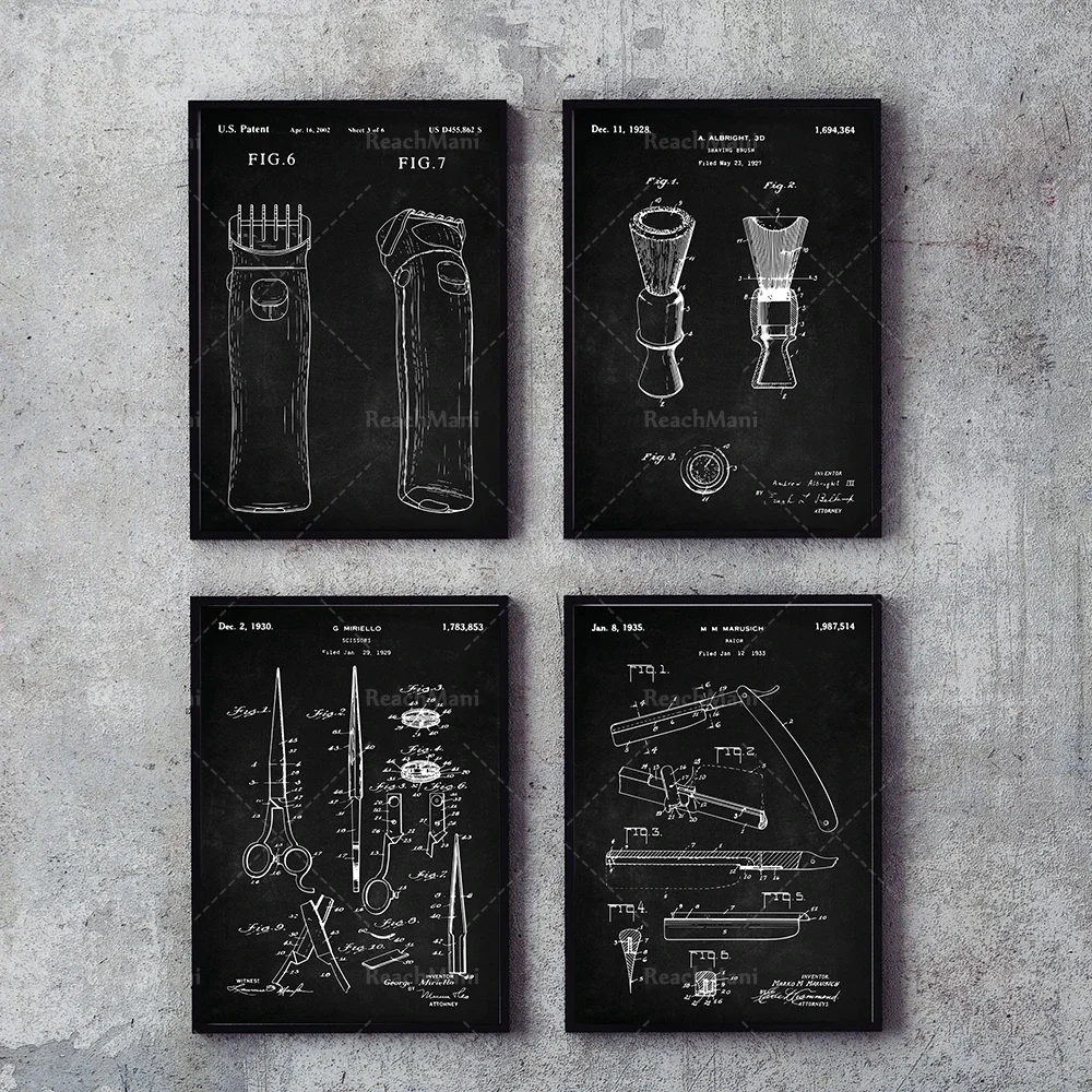 Barber shop patent 4-piece set, fashionable cool gifts, brushes, razors, shaver, scissors, barber shop artwork, patent print dec