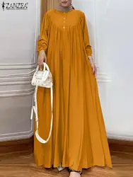 ZANZEA-Vestido longo maxi para mulheres, manga comprida, Dubai, Turquia, Abaya, Hijab, vestido de verão muçulmano, roupa islâmica feminina, moda outono