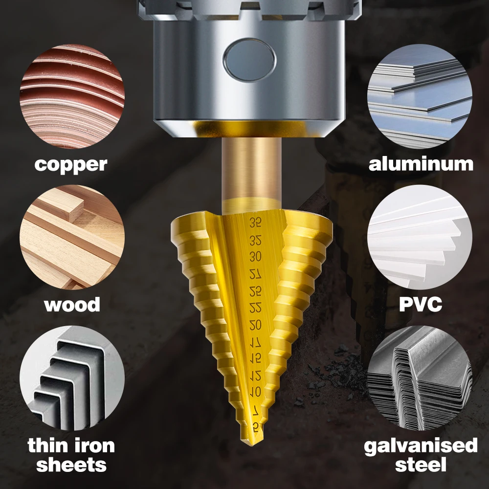 XCAN 5-35mm HSS Step Drill Bit Straight Groove Titanium Coated Wood Metal Hole Cutter 13 Steps Multiple Hole Cone Drill Bit