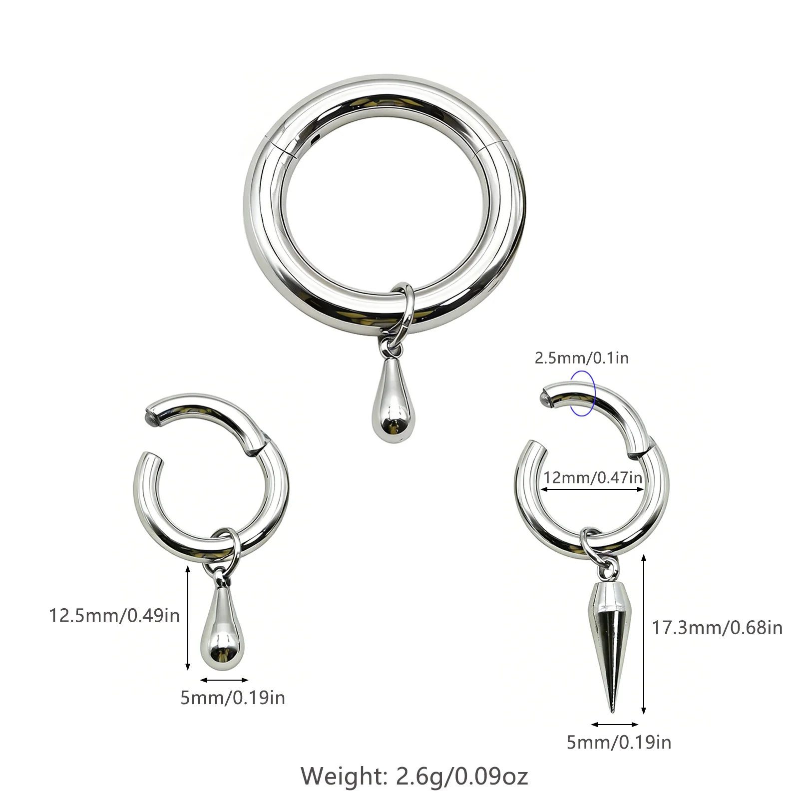 1 Stück Wassertropfen-Spike-Charm-Klicker-Ring aus 316L Edelstahl, Nasenring, Septum-Piercing, Ohr-Expander, Ohrläppchen-Schmuck – Detail 2