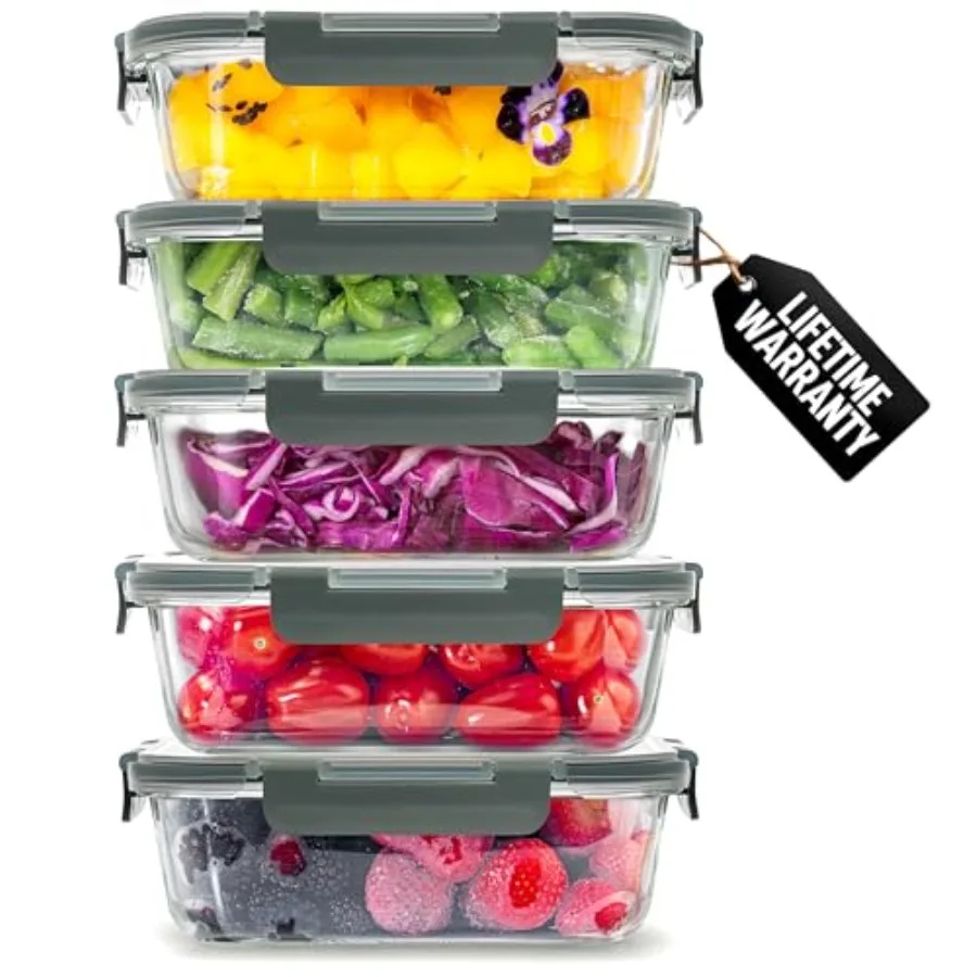 

Набор из 5 больших стеклянных контейнеров для хранения продуктов объемом 36 унций с крышками - Премиальные контейнеры для хранения продуктов из боросиликатного стекла без BPA - Lea