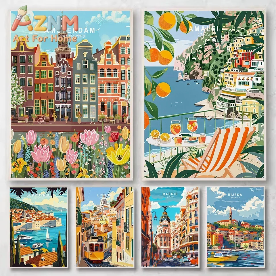 Watercolor Modern World Famous Travel City Amsterdam Amalfi Madrid Poster Canvas Painting Wall Art Pictures Home Interior Dec