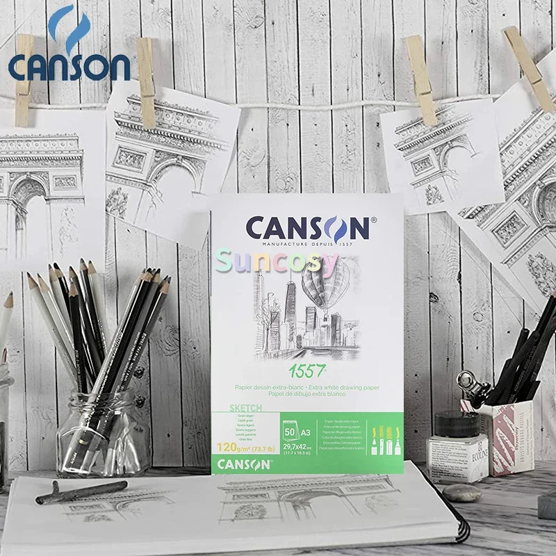 Canson 1557 Sketchbook, 120gsm, A2 A3 A4 A5, Drawing Pad, Sketch Notebook, Large Creative Book, Natural White, Minimal Bleeding