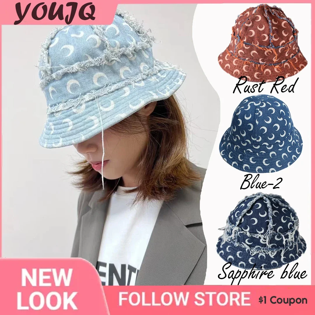 

INS Moon Print Jean Bucket Hats for Women Bob Hat Sun Protection Short Brim Fisherman Caps Designer Streetwear Bonnet Gorras