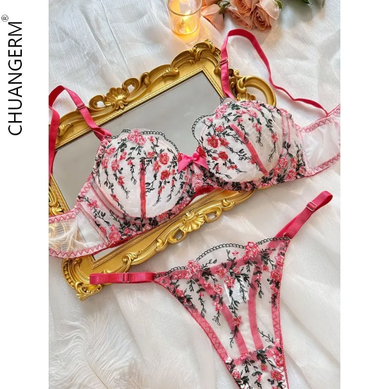 CHUANGERM,Red,High-end temperament wind floral embroidery transparent mesh seductive underwear set,Top Women bralette