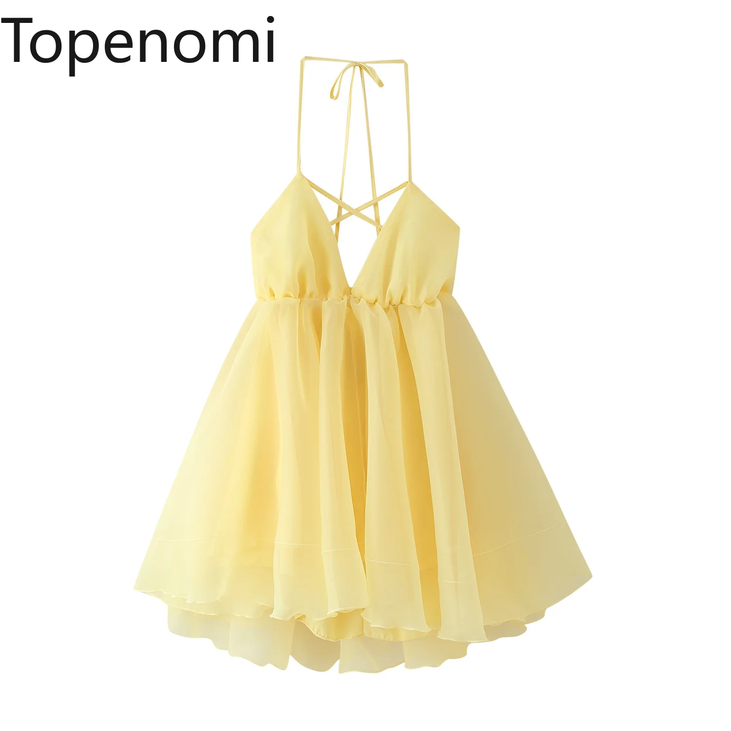 

Topenomi Summer Sexy Lace Up Backless Suspender Dresses Women Temperament Sleeveless High Waist Fluffy A-line Party Short Dress