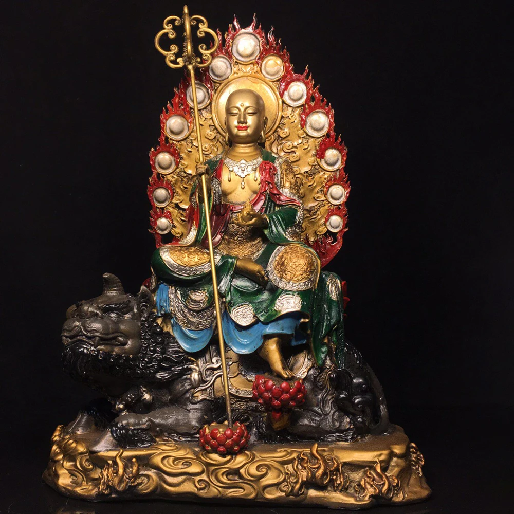 Pure Copper Hand Painted Ksitigarbha Riding Di Ting Jiuhua Mountain Home Desk Altar Statue