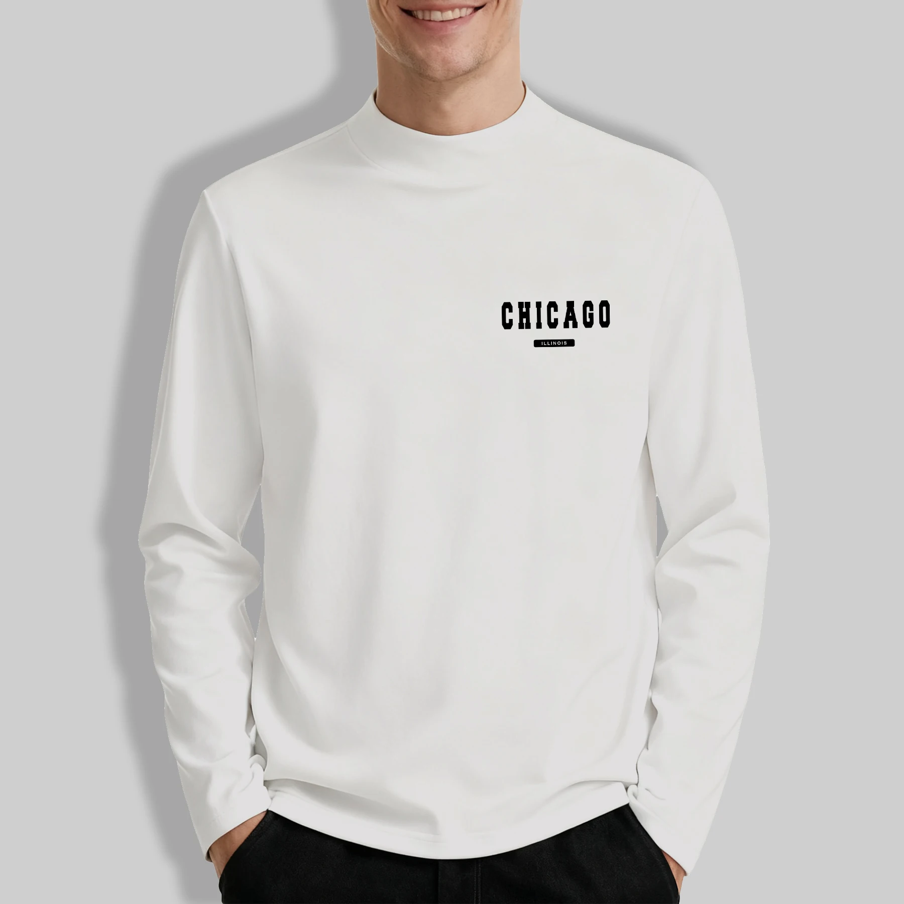 

Usa Chicago Illinois Print Men'S Mock Neck Outdoor Tee Elasticity Retro Top Casual Soft Clothes Unisex All-Match Long Sleeve