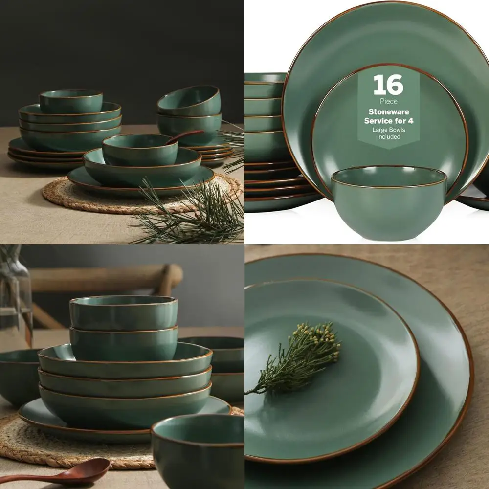 

Green 16-Piece Modern Stoneware Dinnerware Set, Plate and Bowl Set for 4, by Brasa