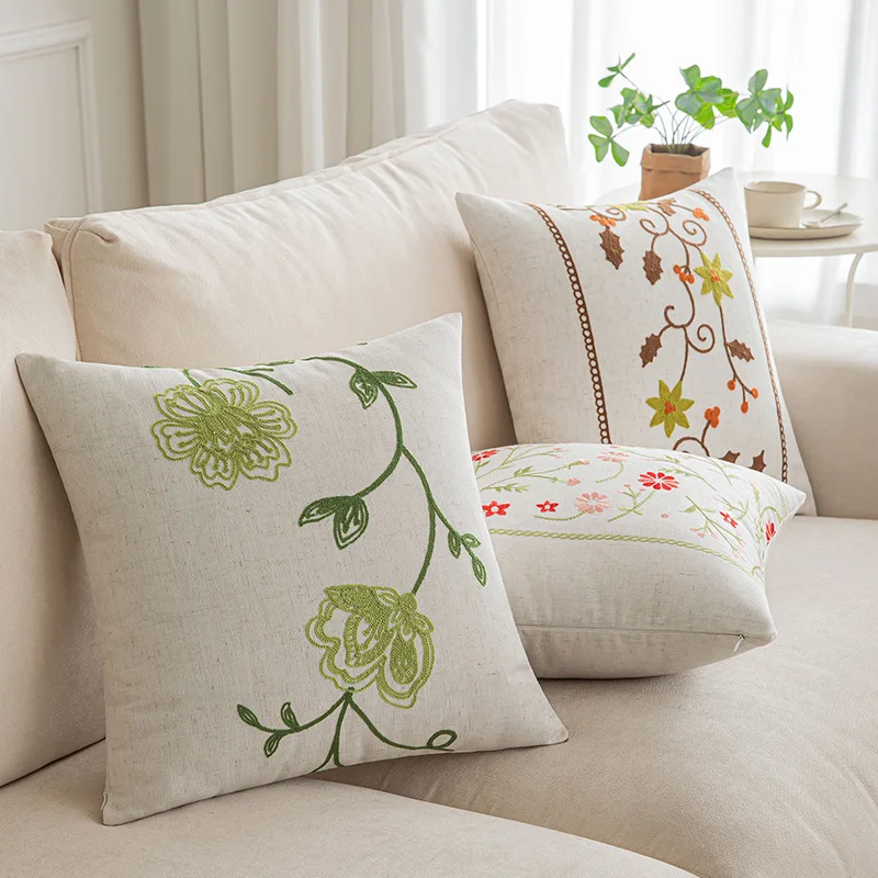 45x45cm Floral Embroidered Throw Pillow Covers Farmhouse Cottage Blue Flowers Green Leaves Pattern Cotton Canvas Cushion Case