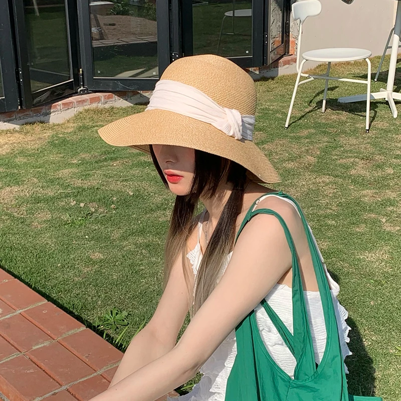 Women's Beach Straw Hat Large Brim Sunshade Face Covering Stylish Korean Japanese Style Summer Sun Protection Freshness