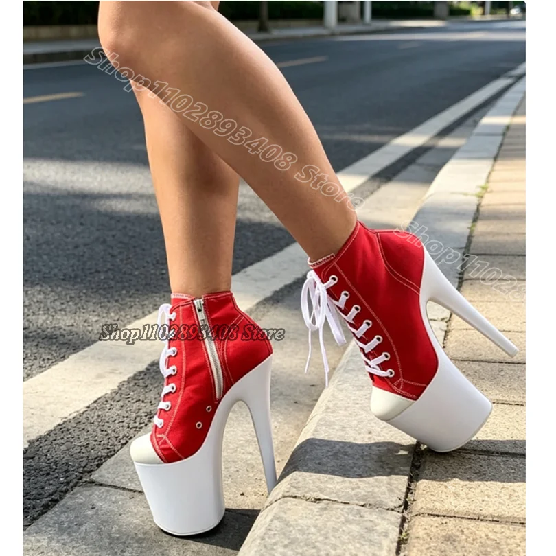 Red Splicing Stiletto 20CM Boots Round Toe New Stylish Side Zipper for Women Pole Dance Sexy Short Boots Zapatos Para Mujere