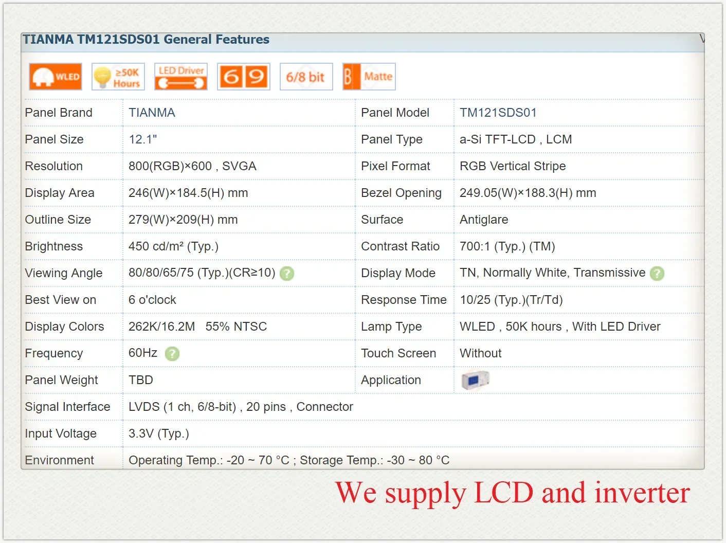 TM121SDS01 LCD TFT de 12,1 polegadas, novo e original em estoque, testado antes do envio