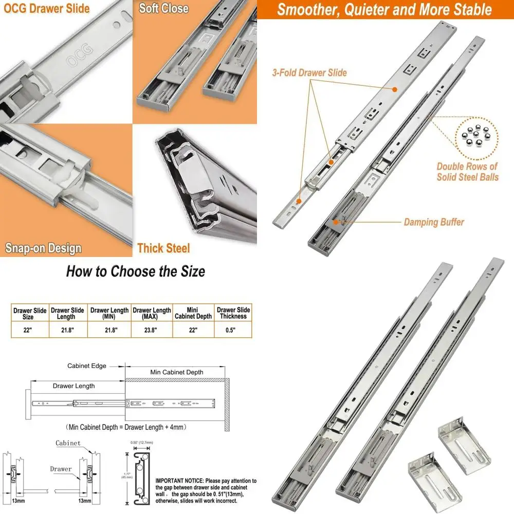 

22-дюймовые направляющие для выдвижных ящиков с полным выдвижением и шарикоподшипниками, боковое крепление, для шкафов (10 пар)