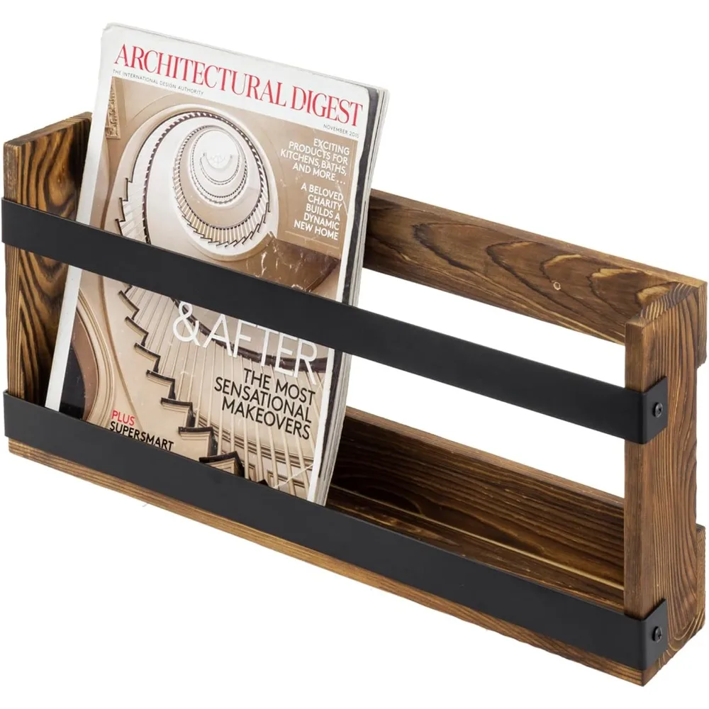 

Rustic Wood and Industrial Metal Magazine Rack Wall Mount or Freestanding Book Display Organizer Double Wide