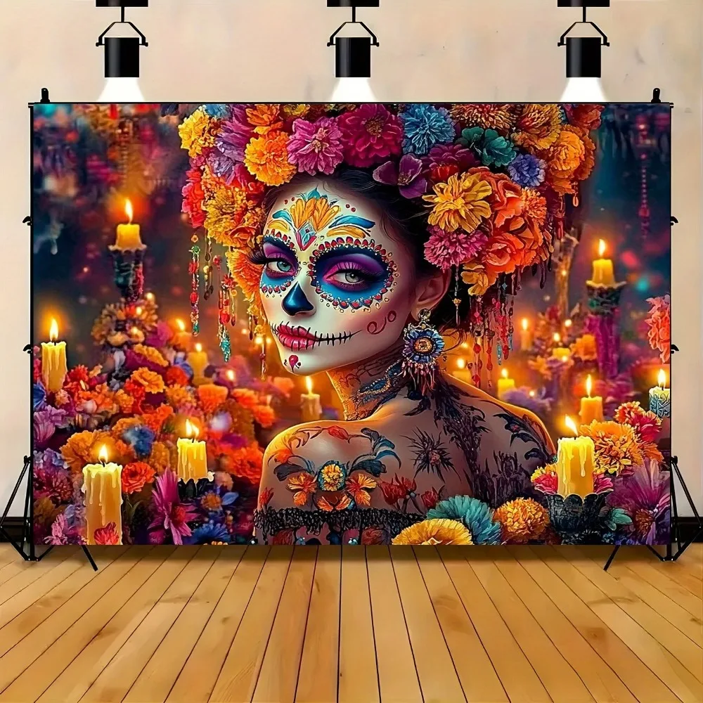 Fondos de fiesta del Día de los muertos, calavera y flores, Cactus, velas coloridas, decoración, pancarta, accesorios de fondo de fotografía