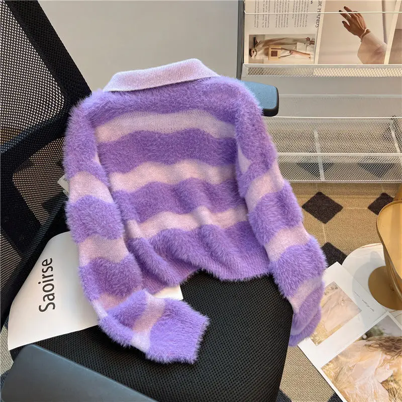 2024 Women\'s New Polo Shirt Knitted Sweater Knitted Sweater Jacket Barbie Cartoon Autumn and Winter Short Lapel Top Gift