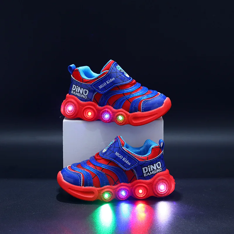 ديزني LED أحذية رياضية كاجوال أحمر أسود لربيع الأولاد سبايدرمان شبكة في الهواء الطلق أحذية الأطفال مضاءة عدم الانزلاق حجم 21-30