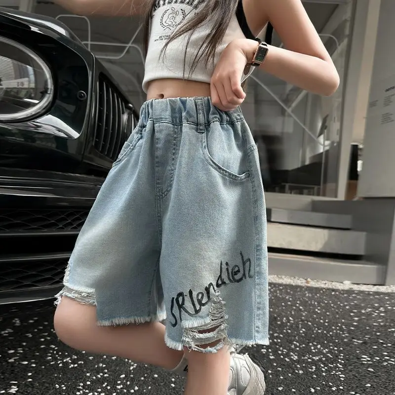 Summer Teenager Girls Hole Denim Shorts Casual  Hand Drawn Letters Junior Girl Half Pants Kids Clothes 4 6 8 10 12 14Y