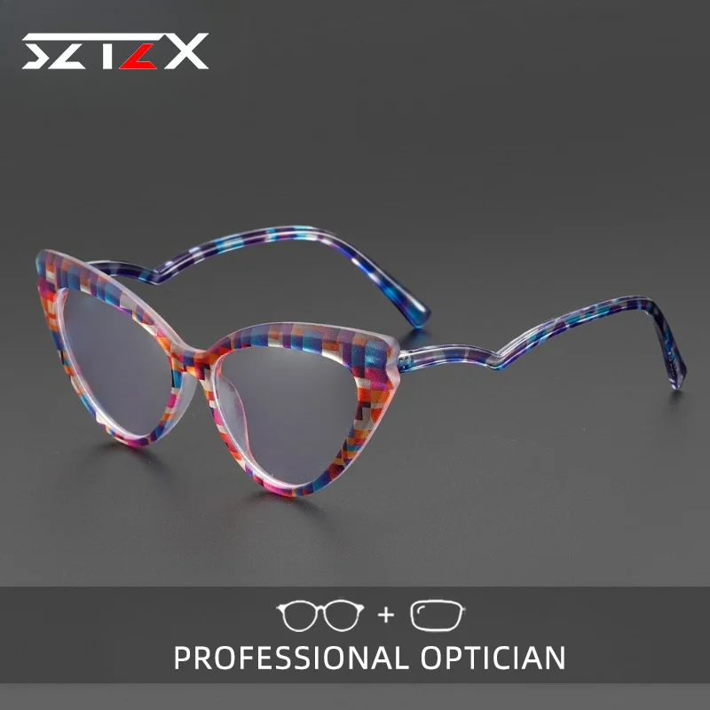 

SZTZX New Design Lightweight Colorful Blue Light Blocking Women Myopia Glasses Cat Eye Progressive Prescription Reading Glasses
