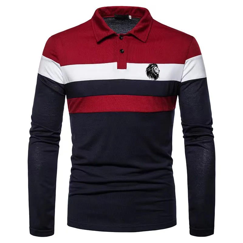 Men\'s Casual Top Long Sleeved Polo Shirt Lion Print Fashionable Golf Outfit Three Color Patchwork Casual Men\'s Clothing