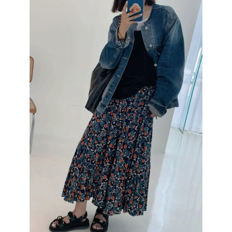 Jupe mi-longue à fleurs bleues pour femmes au printemps et en été, taille haute, élastique et polyvalente, amincissante et mi-longue