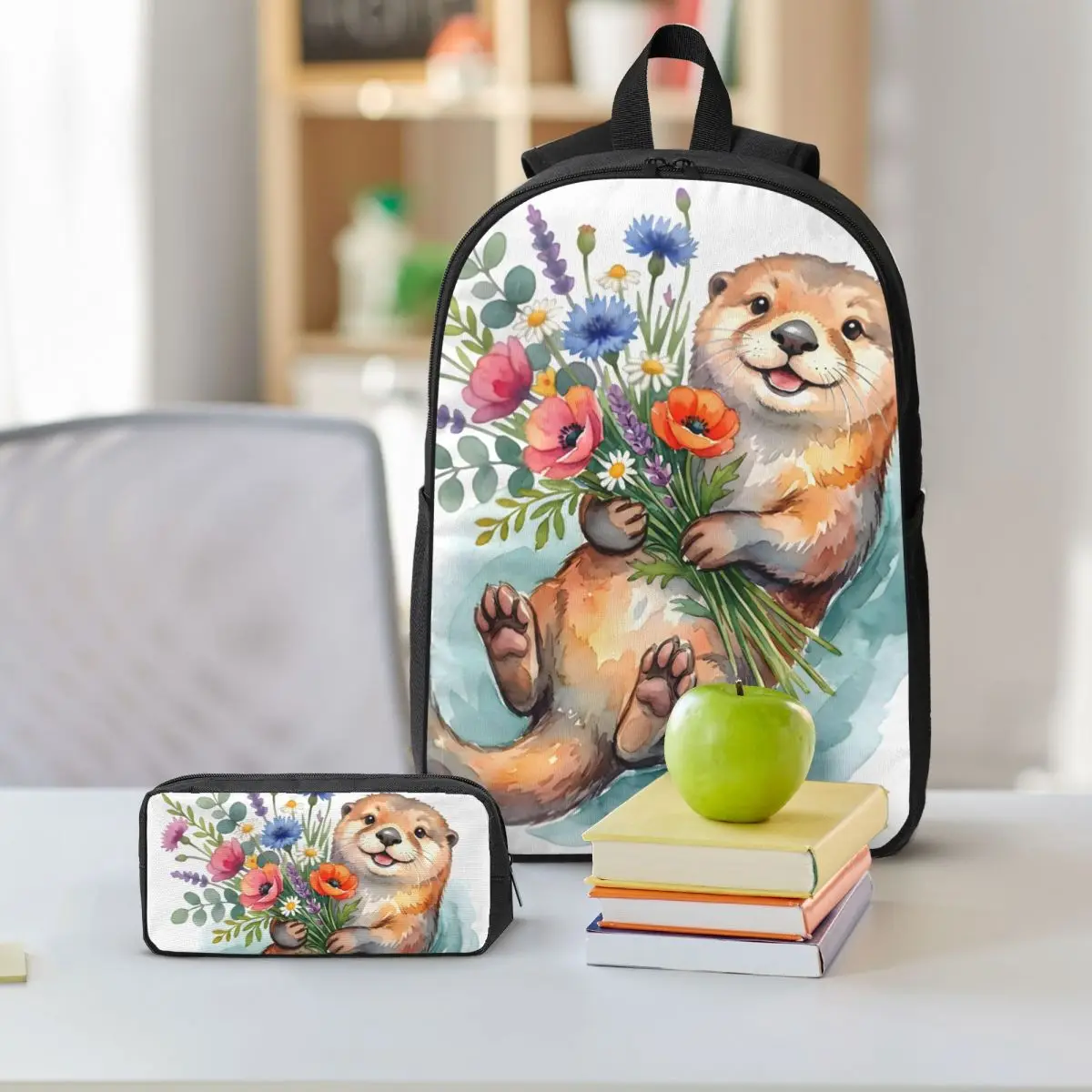 Otter Happily Playing In Water Backpack Boys Girls BookBag School Bag Shoulder Bags 3ps Insulated Lunch Bag Pencil Case