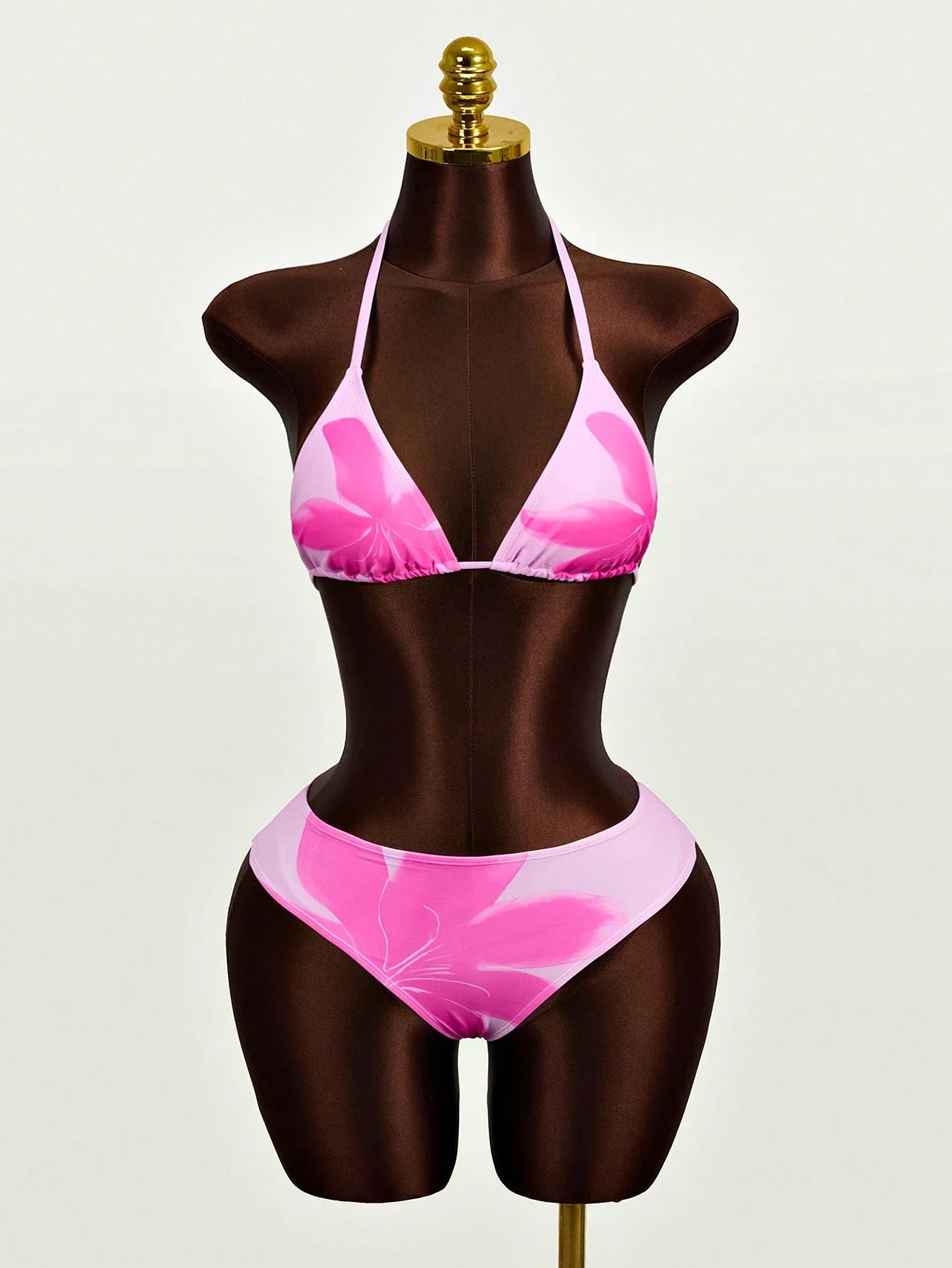 

Pink Floral Triangle Top And High-Waist Bottom Bikini Set For Beach Holiday Valentine's Day