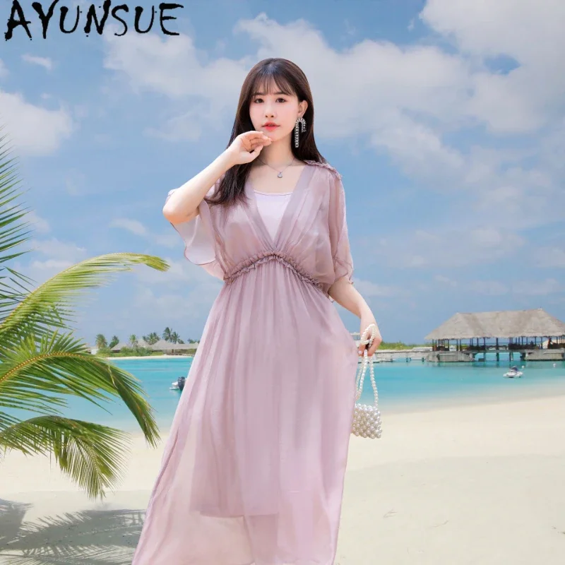 

95% Mulberry Real Silk Dress Women's Clothing Solid Dress Long Summer New Dresses Female V-neck Slim Temperament Dress Vestido