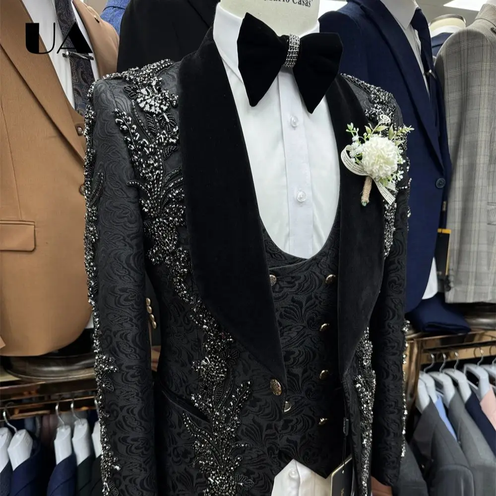남성용 자카드 3피스 고급 정장 세트, 벨벳 칼라가 있는 수제 비즈 크리스탈 자켓, 웨딩 신랑 정장, 프롬 정장 의상