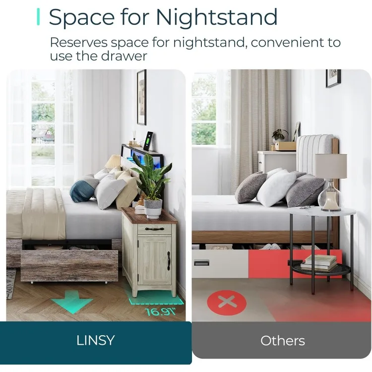 4つの収納引き出し,人間工学に基づいた収納ヘッドボード,充電ステーション付きのキングサイズのベッドフレーム