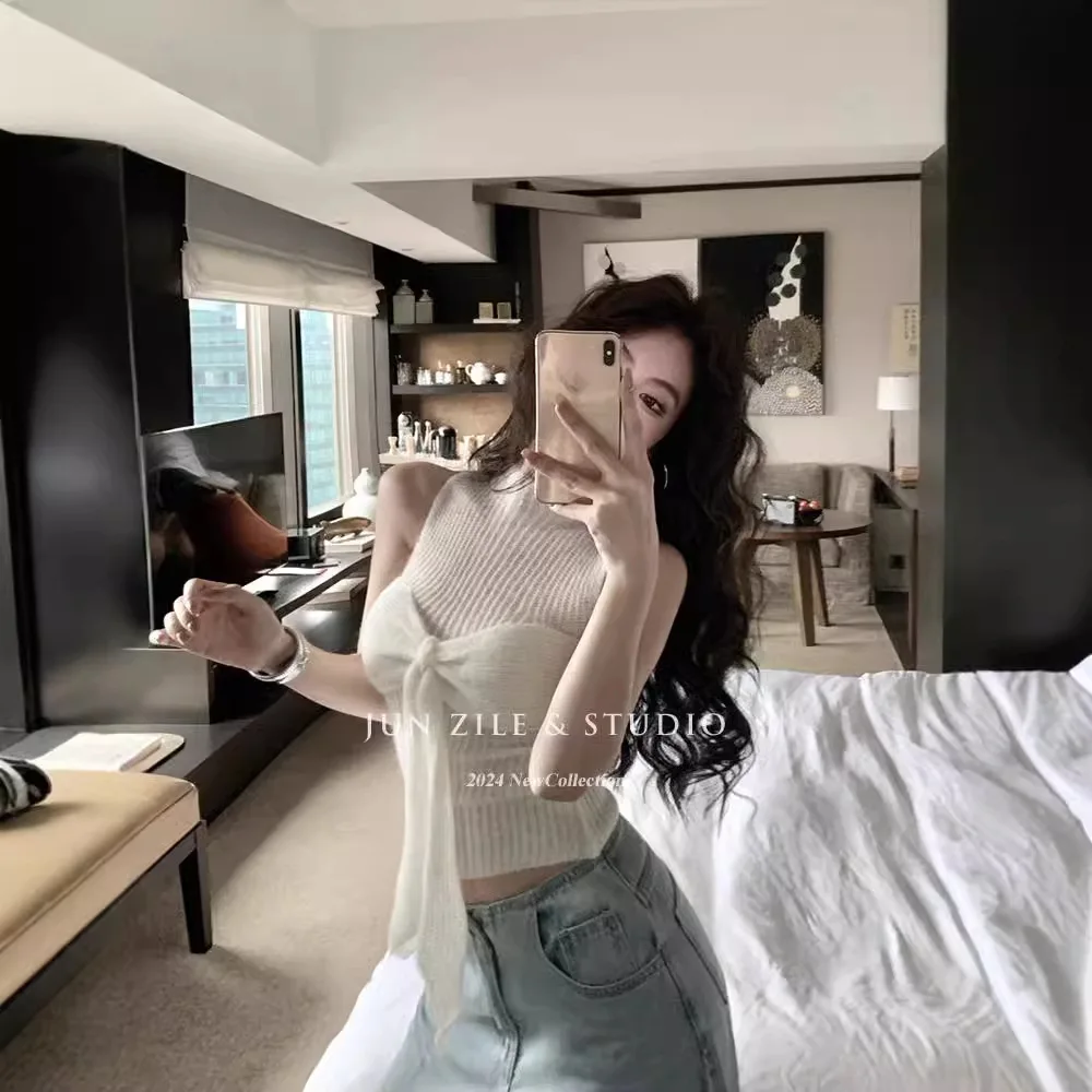 Pure Desire Style Design Top Bow Thin Knitted Vest Women's Inner Wear Outer Wear Micro Transparent Spicy Girl Sleeveless Top